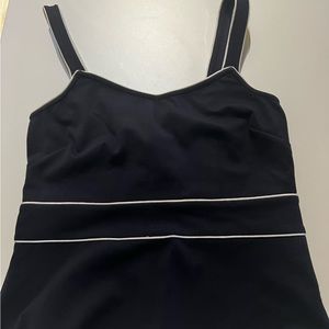 navy blue and white top